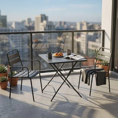 Immagine prodotto di Milani Home - Set Tavolo Quadrato Fisso 70x70 Con 2 Poltrone In Ferro Nero Per Esterno Giardino - Antracite