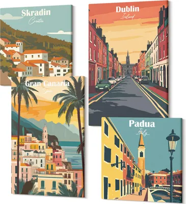 Produktbild von Leinwandbilder Mehrteilig 4-teilig – Modernes Design – Hochwertiger Polycanvas Kunstdruck – Wanddekoration & Wandkunst – Bilder für Zuhause – 2x 40x40 cm + 2x 40x60 cm – Stadt- und Naturlandschaften in warmen Farben