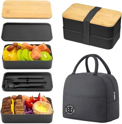 Immagine prodotto di Contenitore per il pranzo ermetico con set di posate - 1200 ml - Nero