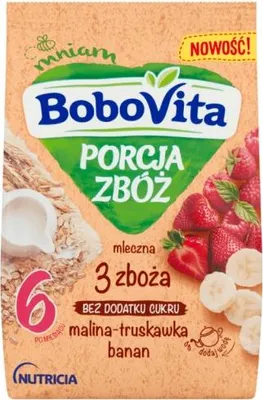 Obrázek produktu pro Mléčná kaše 3 cereálie malina jahoda banán pro děti BoboVita 210 g
