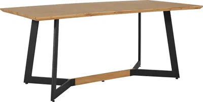 A dining table with a wooden top and black metal legs, shown against a white background.