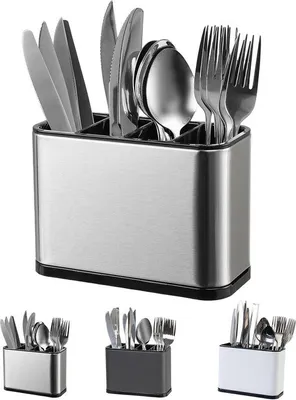 Image de Boîte à ustensiles de cuisine argentée, 4 compartiments, en acier inoxydable, avec cuillères, fourchettes et porte-couverts