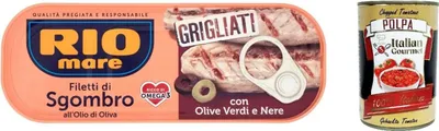 Produktbild von 12x Rio Mare Sgombro gegrillte Makrelenfilets mit grünen, schwarzen Oliven 120g + Italian Gourmet polpa 400g