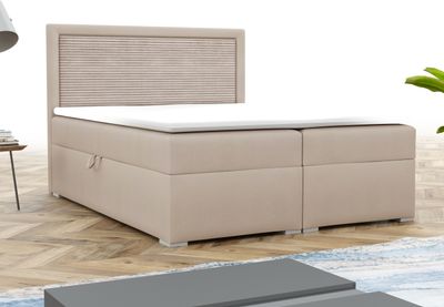 Boxspringbett JOHN II Polsterbett Komplettbett Bett Schlafzimmer Kopfteil Cord 180x200 cm inkl. Bettkasten Topper Beige Dunkelbeige Velour Samt Cord