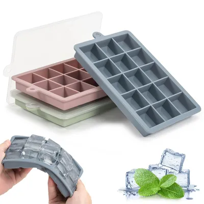 Silikon-Eiswürfelform, 3 Stück mit Deckel, 15 Fächer, BPA-frei