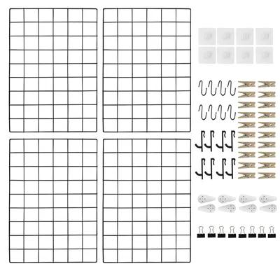 Metall-Wandgitter Schwarz 44x30 cm, 4er-Set mit Clips und Haken