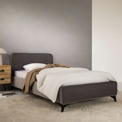 Produktbild von Polsterbett LAVORO Einzelbett 90x200, grau - Bett mit Lattenrost und Samtstoffbezug, Bettgestell mit gepolstertem Kopfteil, modernes Design, Robuster Holzrahmen & Metallbeine