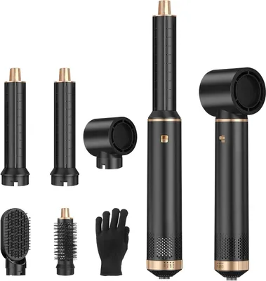 Immagine prodotto di Spazzola lisciante ad aria calda - Asciugacapelli multifunzione - Per lo styling dei capelli a casa - 5 accessori - 1 kg - Nero