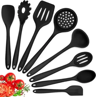 Produktbild von Famanu Küchenhelfer-Set, 8-teilig, hitzebeständig, mit Silikon-Spatel/Löffel - schwarz