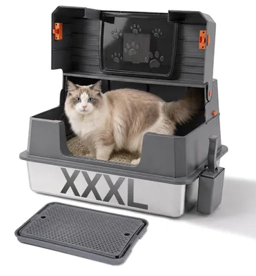 Image de Litière pour chat ISOISL XXL en acier inoxydable, dimensions 71 x 51 x 43 cm, semi-ouverte avec couvercle rabattable latéral. Convient aux grands chats. Disponible en gris et noir