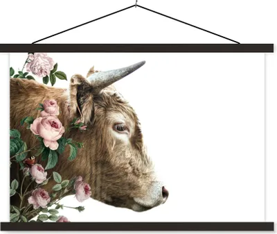 Produktbild von MuchoWow® Textilposter Schottisches Hochlandrind - Rosen - Rosa - Weiß 60x40 cm mit schwarzem Rahmen - Hölzernes