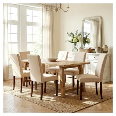 Produktbild von Esszimmerstühle 6er Set, Traditionell mit Nieten, Leinen mit Massivholzbeinen, Gepolsterte Sitzfläche, für Küche und Esszimmer (Beige, 6 Stück)