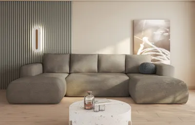 Produktbild von Easy4You Lambi Beige Ecksofa U-Form 338 x 89 x 164 cm mit Schlaffunktion und Stauraum - Schlafsofa mit Bettkasten - Moderne Wohnzimmermöbel – Stoff: Boucle 03