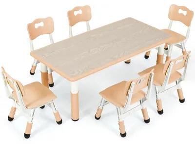 Image de Ensemble table pour enfants avec 6 chaises - Table de jeu et de dessin réglable en hauteur - 7 pièces - Plastique - 120x60 cm - Jaune