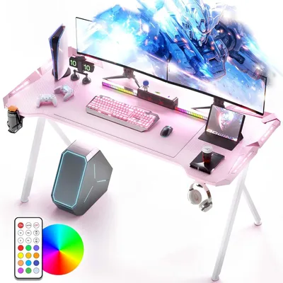 Image de Bureau de jeu avec éclairage RGB LED et surface en fibre de carbone, de couleur rose