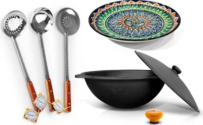 Produktbild von Kessel 10 l Runder Boden + Lagan Teller Ø 32 cm, Schaumlöffel 48 cm, Schöpflöffel 48 cm, tiefer Schaumlöffel 48 cm + Griff für Kessel