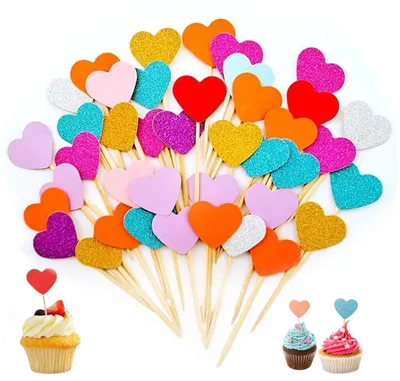Immagine prodotto di 100 decorazioni a forma di cuore per cupcake, glitter, per torte, decorazioni per feste di compleanno