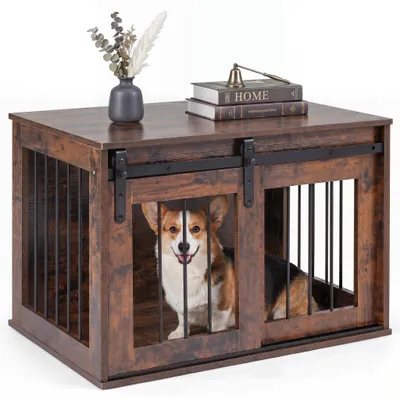 Produktbild von Hundekäfig, Hundebox, Hundehütte, Tierbedarf, Holz, Metall, für Zuhause, Rustikal Braun