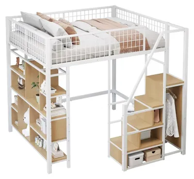 Productafbeelding van Hoogslaper van metaal en hout - 140 x 200 cm - Met opbergruimte - Trap met opbergruimte - Ruimtebesparend - Wit