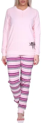 Produktbild von Damen Frottee Pyjama Hose gestreift - süsses Tiermotiv Faultier Katze - auch in Übergröße ; rosa , 48