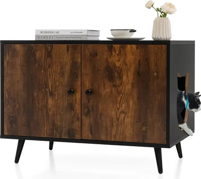 Produktbild von GOPLUS Katzenhaus, Katzenklo Schrank mit Doppeltüren, Trennwand und Katzenlöchern, Katzentoilette Holz, Katzenschrank Katzen-Möbel Haustierbox für Katzen Hunde, Vinatage Braun