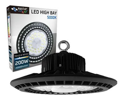 Produktbild von MasterLED Hallenleuchte Ø35cm High Bay 5000K Kaltweiß 200W – 90° Abstrahlwinkel, IP65, Dimmbar, Hakenmontage Ideal für Lagerhallen, Produktionsstätten