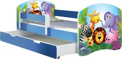 Produktbild von ACMA Jugendbett Kinderbett Junior-Bett Komplett-Set mit Matratze Lattenrost und Rausfallschutz Blau 01 Zoo 180x80 + Bettkasten