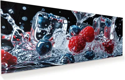 Produktbild von Glasbild 150x60cm in XXL für Wohnzimmer, Schlafzimmer Motiv Beeren Eiswürfel