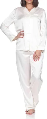 Produktbild von Normann Satin Damen Schlafanzug langarm Pyjama mit Knopfleiste und Brusttasche ; creme , 44