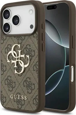 A close-up view of a brown iPhone case with the Guess logo and pattern.