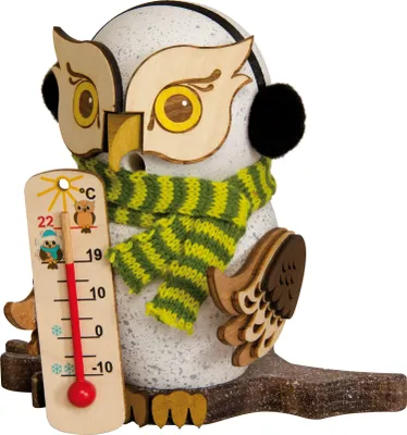 Produktbild von Drechslerei Kuhnert - Räucherfigur Eule mit Thermometer - Größe ca. 15cm, für Räucherkerzen Größe M (Standard) - 37235