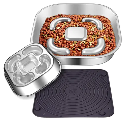 Produktbild von Antischlingnapf für Hunde, Edelstahl Slow Feeder mit Anti-Rutsch Silikonmatte, Futternapf für große und kleine Hunde sowie Katzen