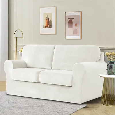 Produktbild von Samt-Stretch-Sofabezug mit separatem Rückenlehnenbezug und Sitzkissenbezug, Anti-Rutsch-Sessel-Sofa-Überzug mit Gummiband für Wohnzimmer (2-sitzer, Weiß)