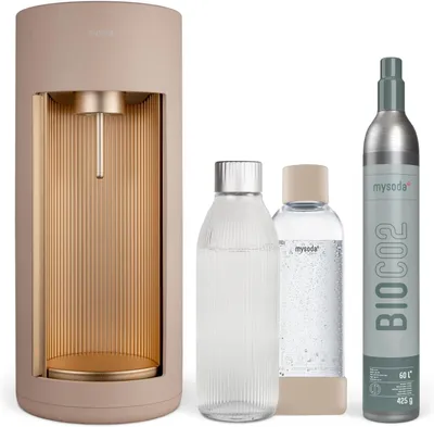 Produktbild von Mysoda Glassy Design-Wassersprudler (Latte) mit 1L Glasflasche und 1L PET-Flasche und CO2 Zylinder