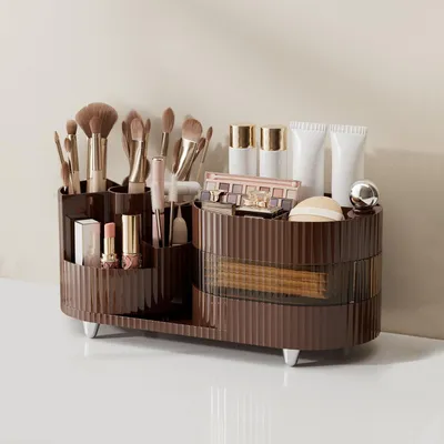 Image de Organisateur de maquillage rotatif avec plusieurs compartiments - Marron