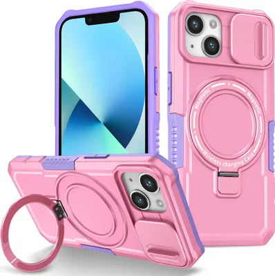 Produktbild von Handyhülle für iPhone 13 Kompatibel mit MagSafe, Robuste Hülle mit Schiebe Kamera Schutz, Magnetischer Ringständer Pink