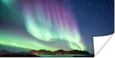 Produktbild von MuchoWow® Poster Nordlicht - Grün - Lila - Sternenhimmel - See - Berg 150x75 cm - ohne Rahmen
