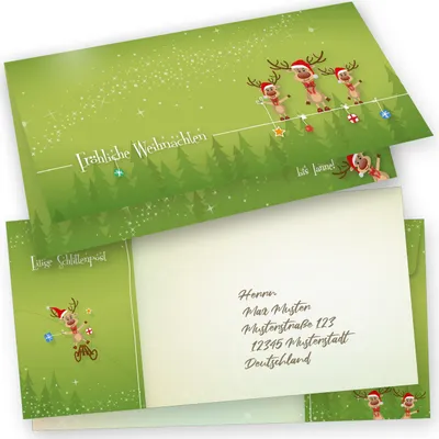 Produktbild von LUSTIGE RENTIERE Weihnachtskarten mit Umschlag Set 15er SET Klappkarten DIN lang grün lustig