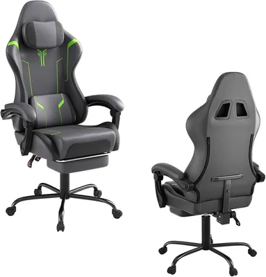 Produktbild von ROSEJANE Ergonomischer Gaming Stuhl mit Massagefunktion & Fußstütze, Komfortabler Gaming Sessel mit verstellbarer Rückenlehne, Kopfstütze und Lendenkissen, Grau Grün