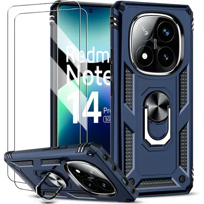 Image de Coque pour Xiaomi Redmi Note 14 Pro Plus 5G/Note 14 Pro+ 5G, Protection avec Anneau - Bleu Marine + 2 Verres Trempés