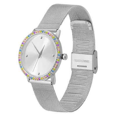 Produktbild von Damen Armbanduhr silber Zirkonia pastell Edelstahl Milanaise Mesh Armband 22290