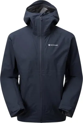 Dunkelblaue Hardshelljacke für Herren; Modell "MEN"S SPIRIT LITE JACKET" von Montane; mit Kapuze und Reißverschluss.
