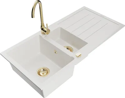 Produktbild von Mexen Andres 1,5-Becken-Granitspüle mit Abtropffläche und Mischbatterie Telma, Weiß - 6515-20-670200-50