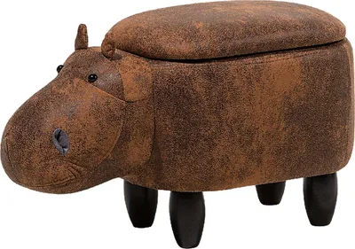 A brown, hippo-shaped storage ottoman with four dark legs, shown from a side-front angle against a white background.