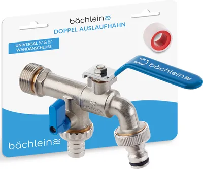 Produktbild von Bächlein Universal Doppel-Wasserhahn für den Garten [blau] - Kugelhahn inkl. 2 Schlauchanschlüssen - 1/2 und 3/4 Zoll
