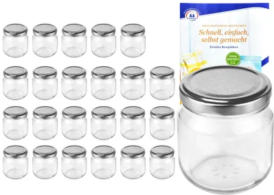 Zdjęcie produktu dla zestaw 24 okrągłych słoików do przetworów o pojemności 212 ml ze srebrną pokrywką, w tym książeczka z przepisami