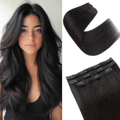 Obrázok produktu pre Clip-in predlžovanie vlasov, prírodné vlasy, hladké, čierna farba, 35 cm, 66 g, 3 kusy