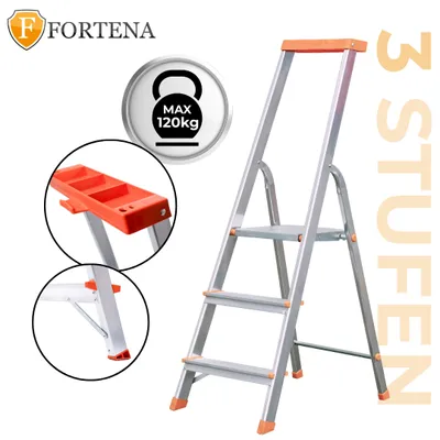 Produktbild von Stehleiter Haushaltsleiter mit Ablage Profi Leiter Aluminium mit Regal 3 Stufen