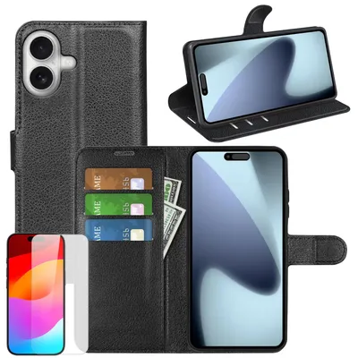 Produktbild von Für Apple iPhone 17 Kunstleder Book Wallet Handy Tasche Schwarz + 9H Hart Glas