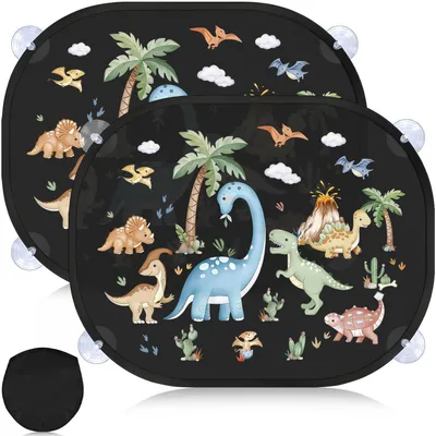 Obrázek produktu pro Sluneční clony do auta pro děti, 2 kusy, UV ochrana, rozměry 44x36 cm, s přísavkami, motiv zvířat/dinosaurů